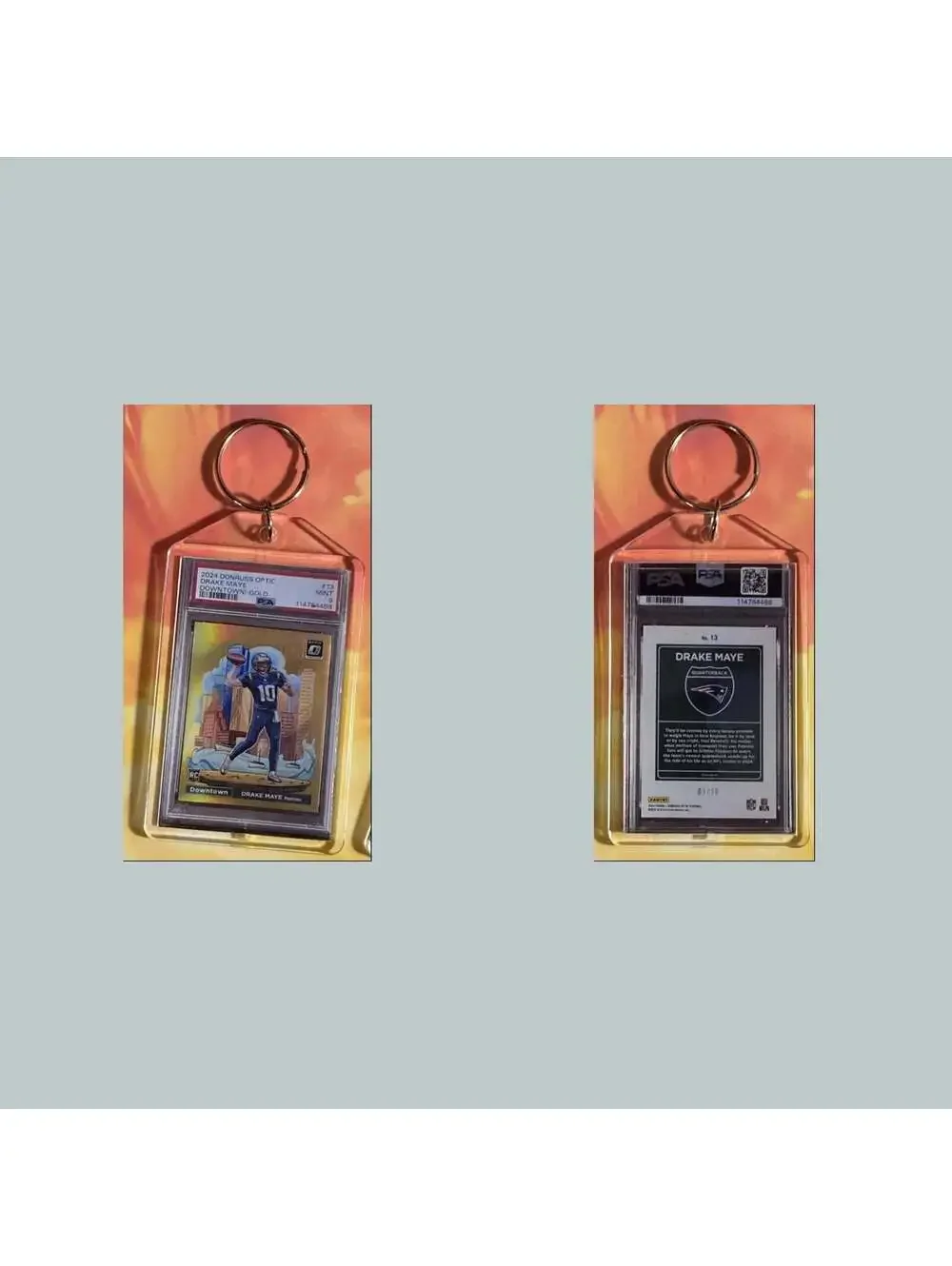 3715 Drake Maye 2024 Donruss Optic Gold Downtown Custom Hand Made Keychain